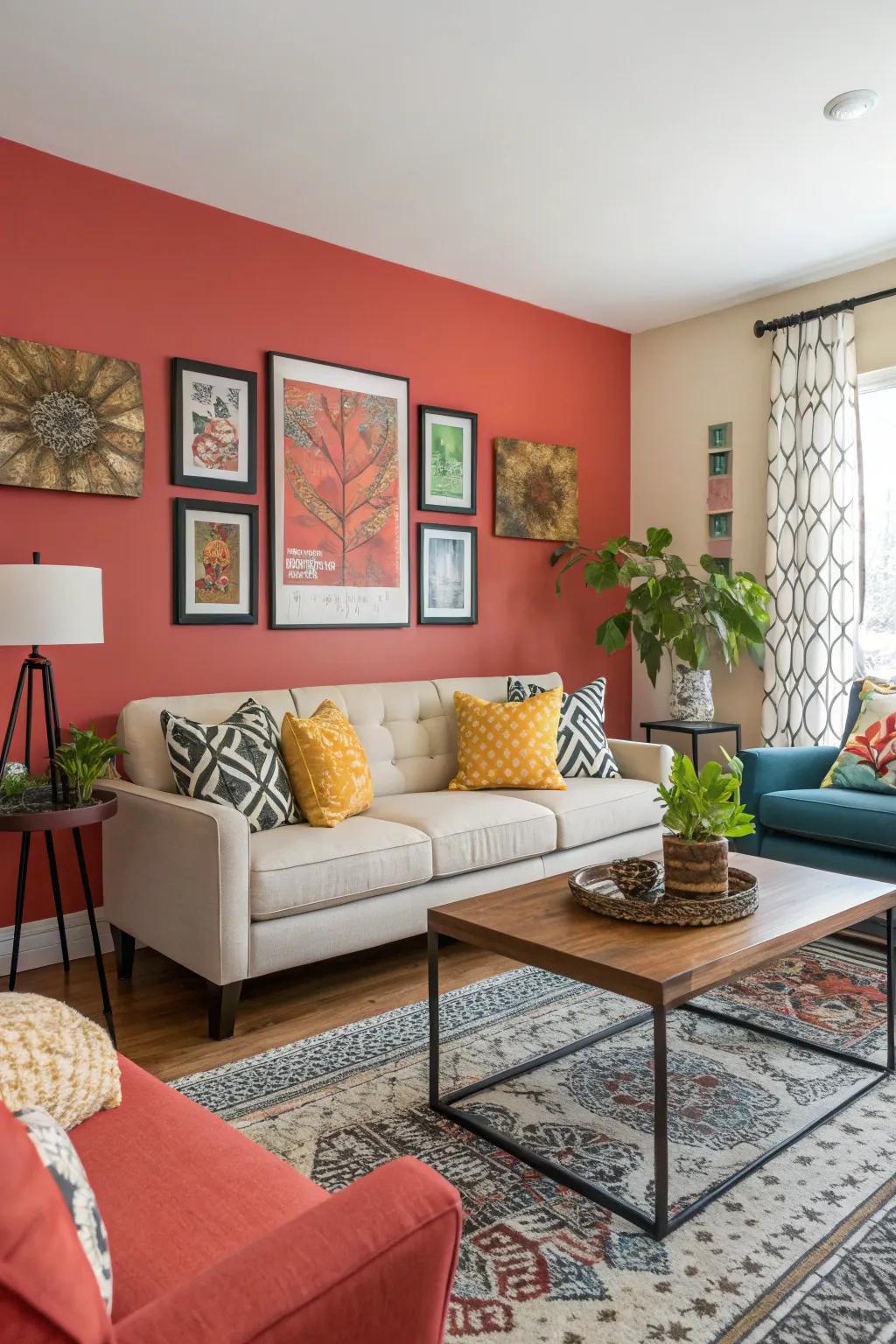 A bold accent wall adds depth and character to your living room.