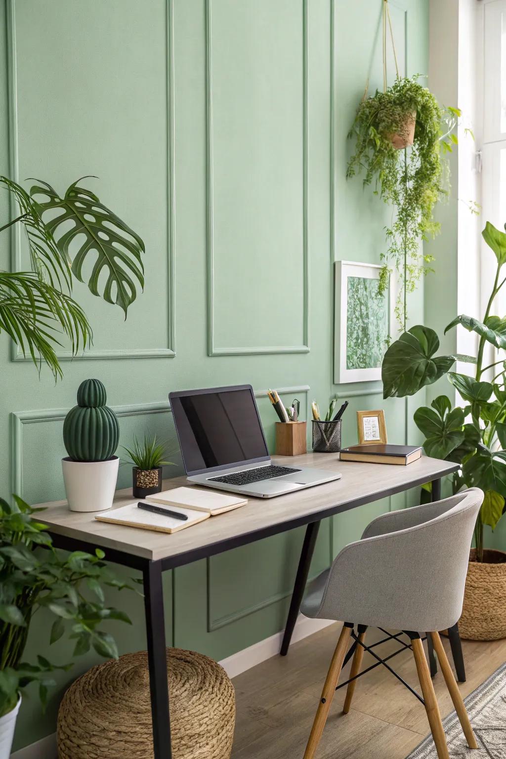A peaceful light green home office encourages relaxation and attentiveness.
