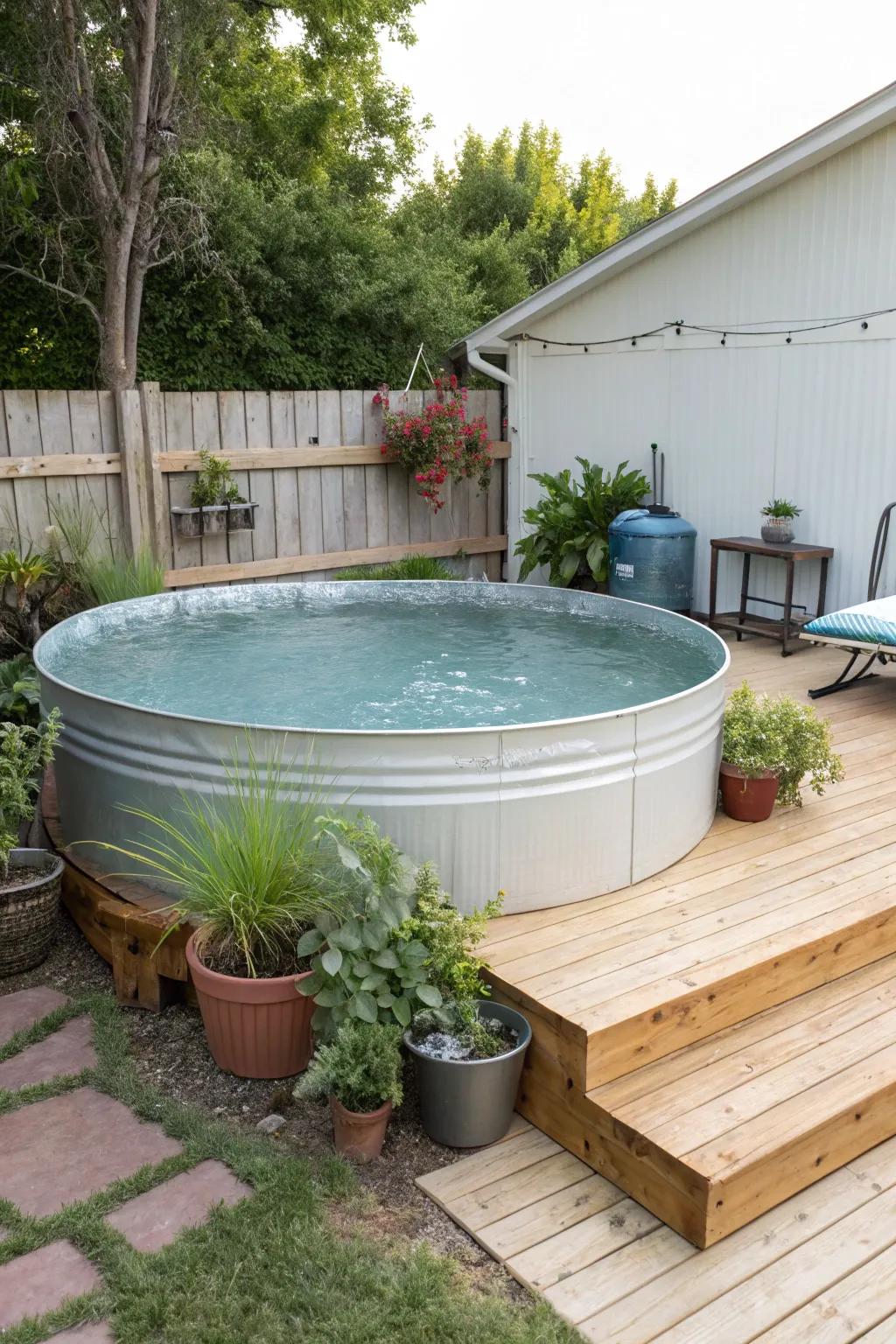 A classic farm water reservoir pool setup complemented by greenery and a cozy deck.