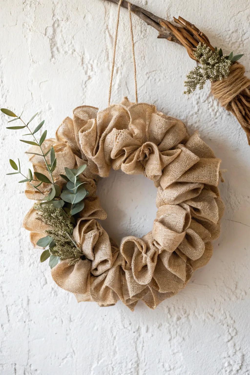 Infuse your home with country elegance using this handmade fiber and rope wreath.