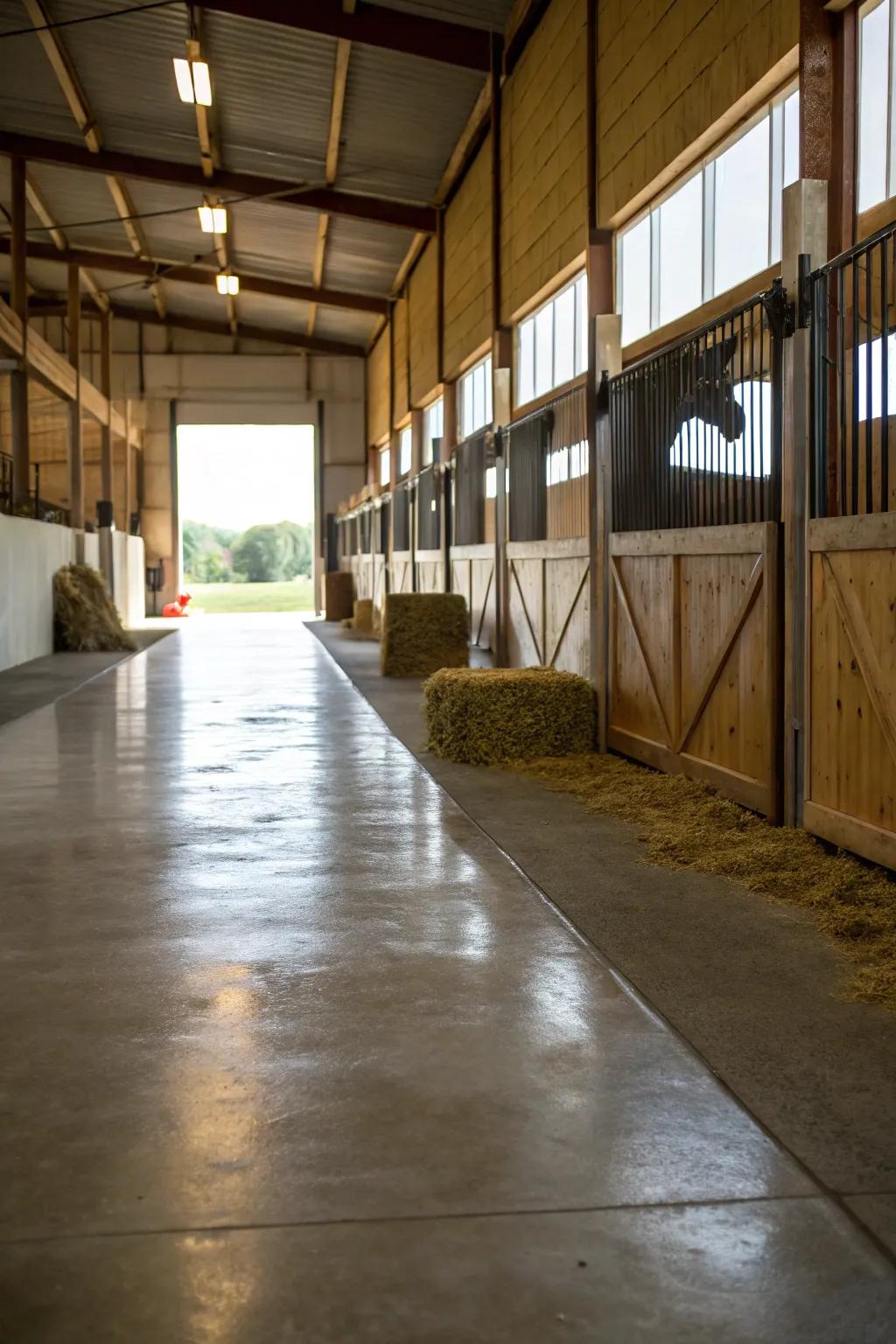 StoneMix flooring is a sleek and sturdy choice for barn walkways, appreciated for its durability.