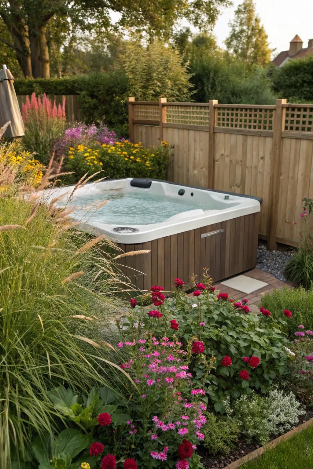 A <strong><em>hot tub</em></strong> blends seamlessly with nature, bordered by towering grasses and lively blossoms.” loading=”lazy” class=”pimg”>
	</picture><figcaption>A <strong><em>hot tub</em></strong> blends seamlessly with nature, bordered by towering grasses and lively blossoms.</figcaption></figure>
<p>Enclosing your <strong><em>hot tub</em></strong> with abundant plants fosters a naturally soothing ambiance. In my own garden, I discovered that blending tall grasses and vivid perennials truly softened the visual impact of the spa zone.</p>
<h3>You might give these a try:</h3>
<ul class=