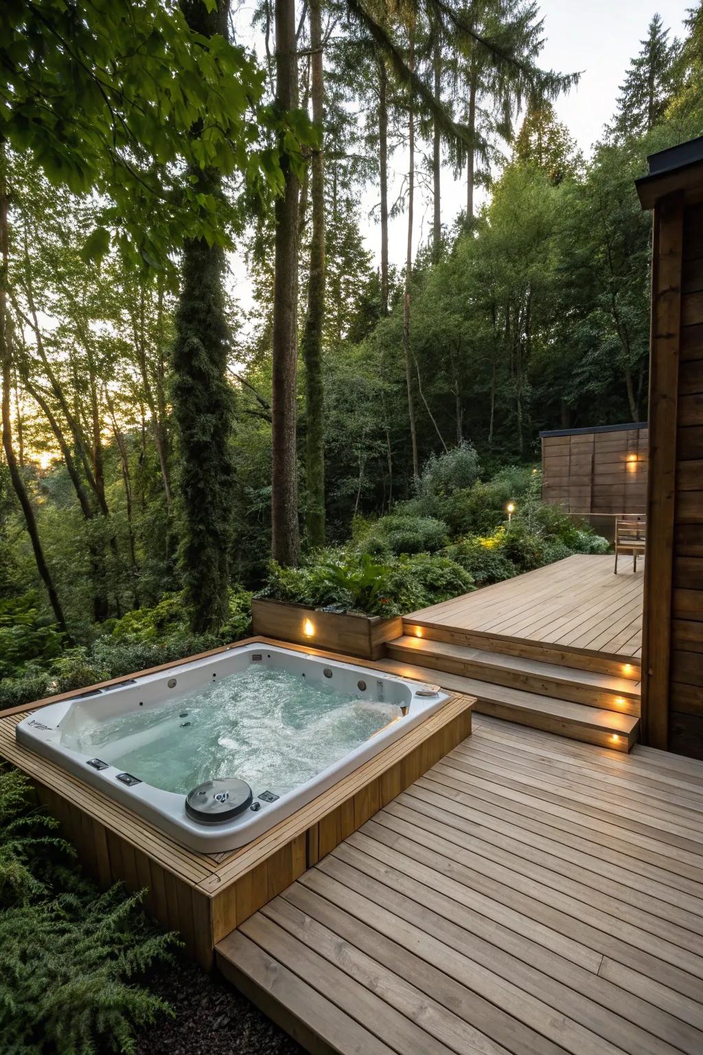 Immerse yourself in the comfort of natural wood for an inviting hot tub ambiance.