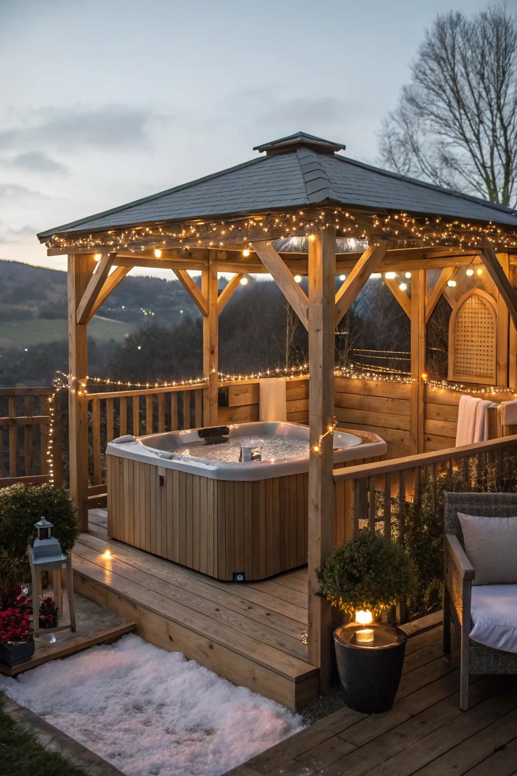 A wooden gazebo brings sophistication and protection to your hot tub.