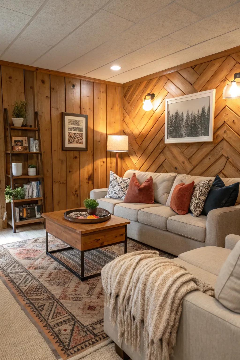 Wooden panels bring a warm feel to this living area