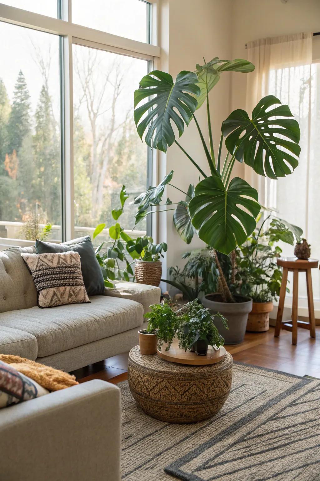 A grand monstera brings a tropical sensation to this inviting living space.