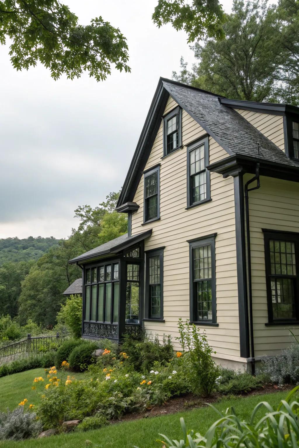 Dark, pronounced window trim brings charm to this lovely home.