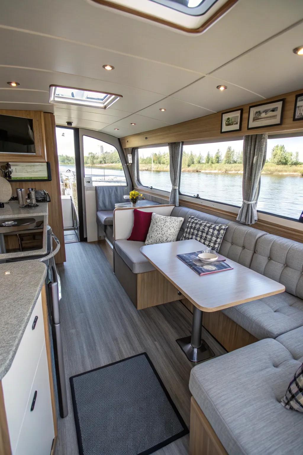 A houseboat living area benefits greatly from the thoughtful use of furniture that serves multiple purposes.