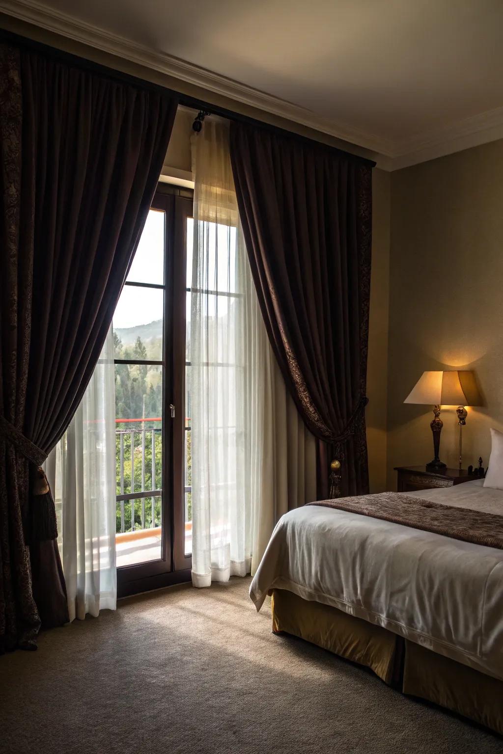 Darkening drapes introduce both style and practicality, ensuring your area remains dim and soothing.