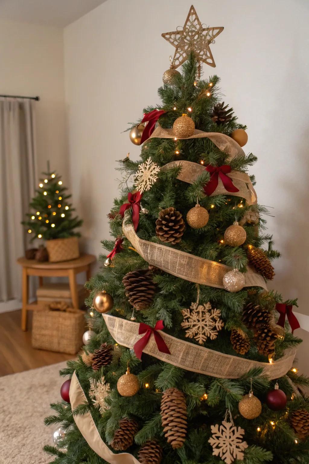 A Christmas tree styled with a rustic theme, incorporating natural elements like pinecones and burlap.