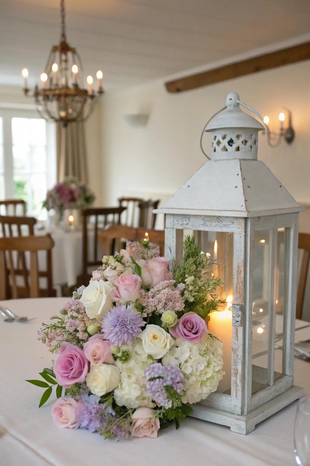 A captivating spring-inspired lantern centerpiece adorned with pastel flowers.