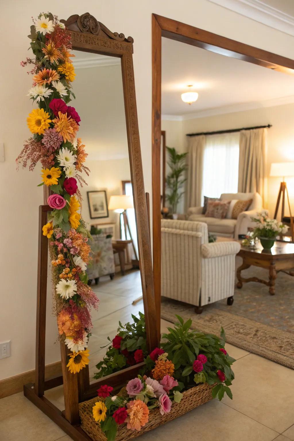 A mirror adorned with a floral frame conjures an ambiance of freshness and vibrancy.