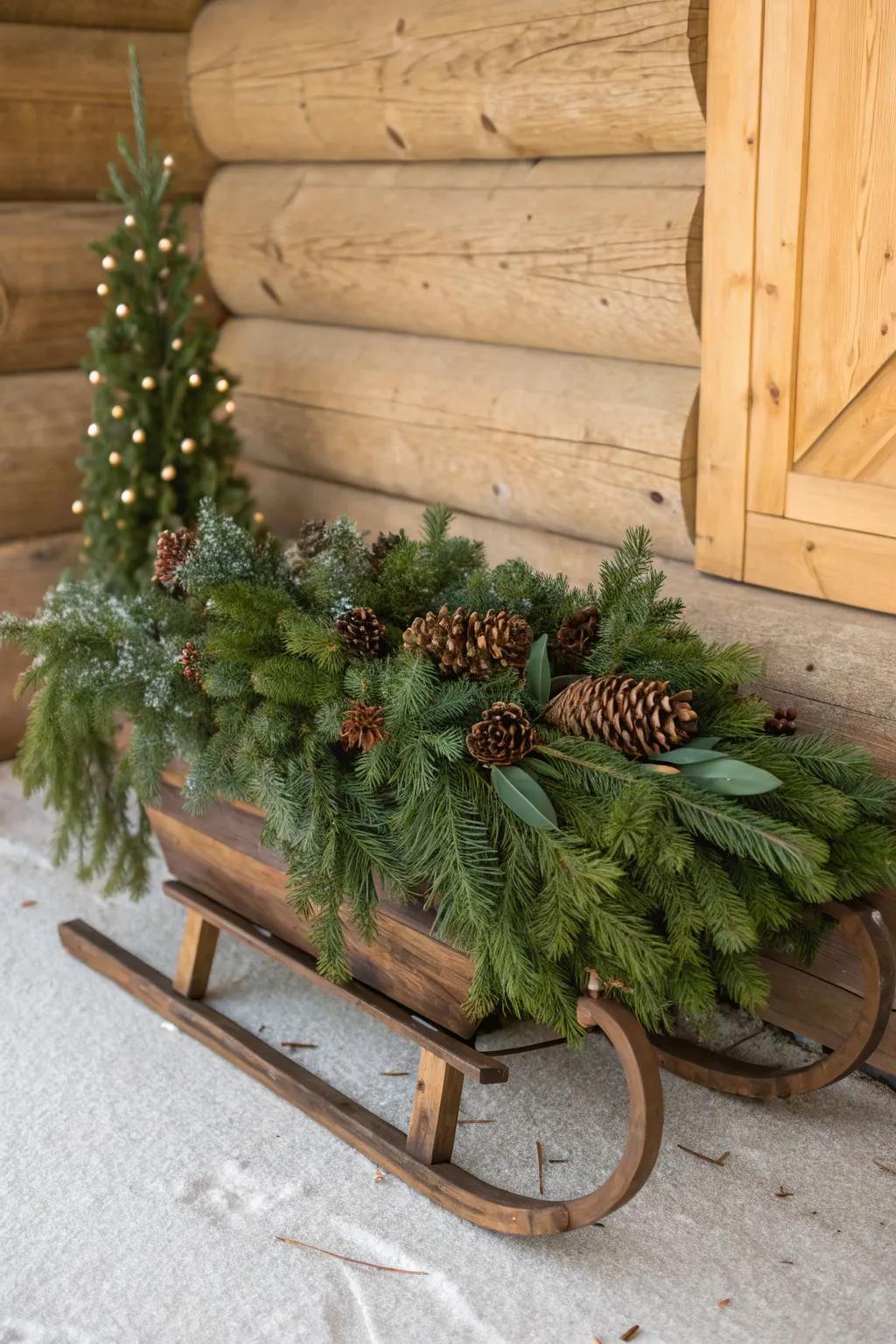 Handcrafted sled decorated with lush plants and cones, achieving a natural vibe