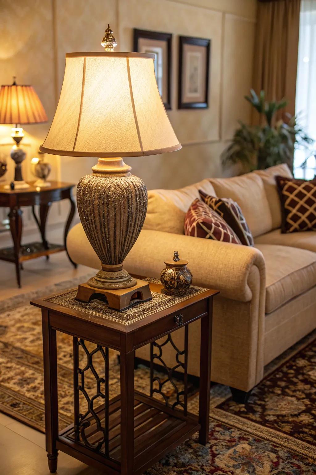 A table lamp infuses light and style onto a sofa table.