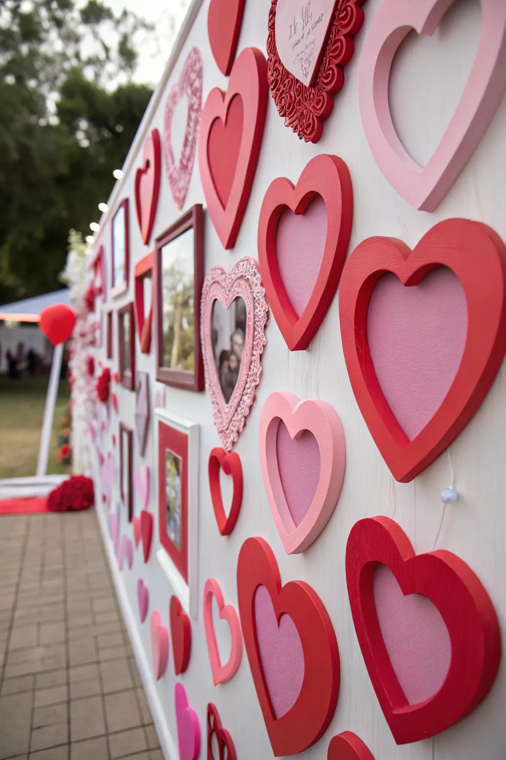 A heart-themed wall design brings a romantic feel.