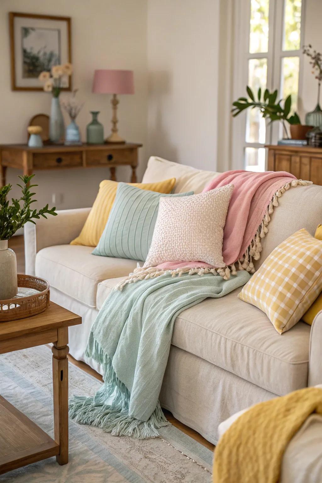 Pastel cushions and throws introduce a hint of spring to this living room.