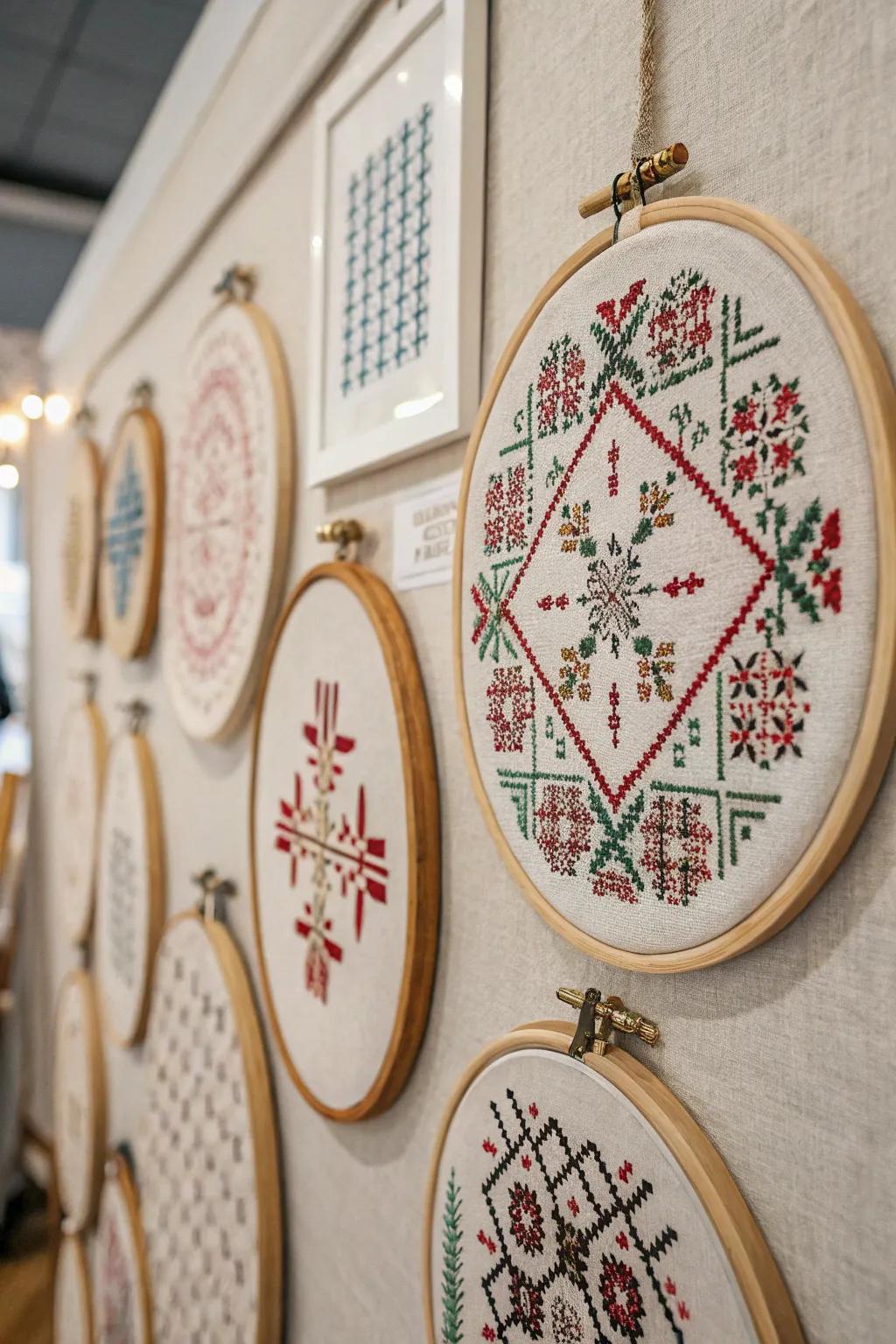Artistic loops transform cross-stitch pieces into charming wall art.