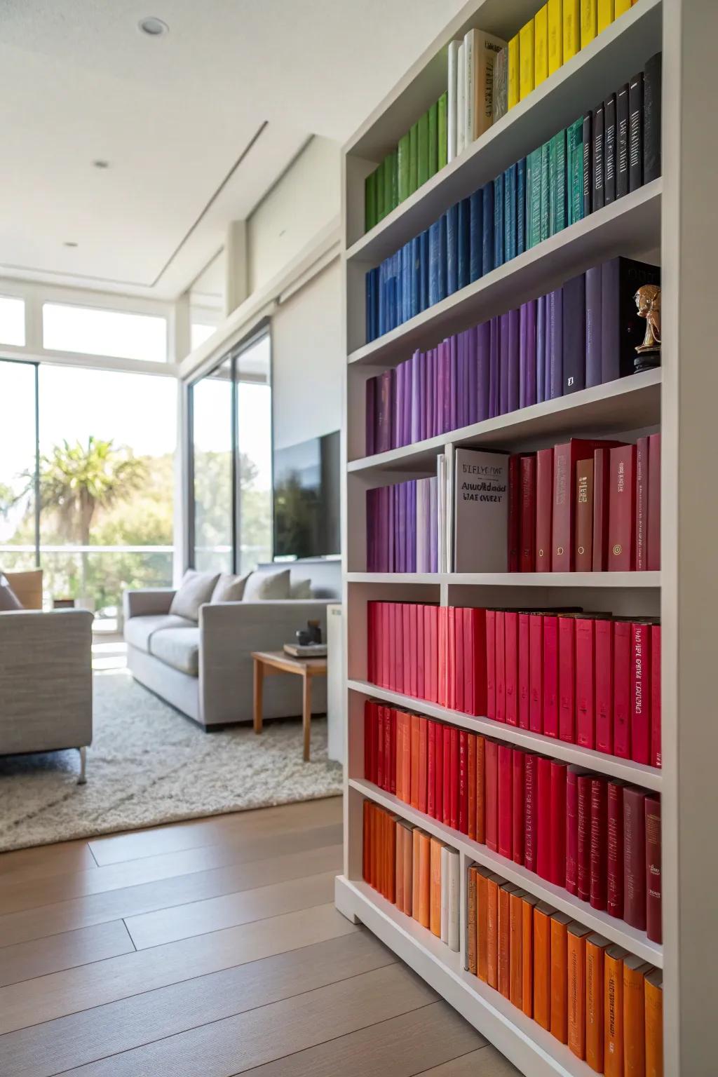 A spectrum of book colors brings energy to a contemporary living area