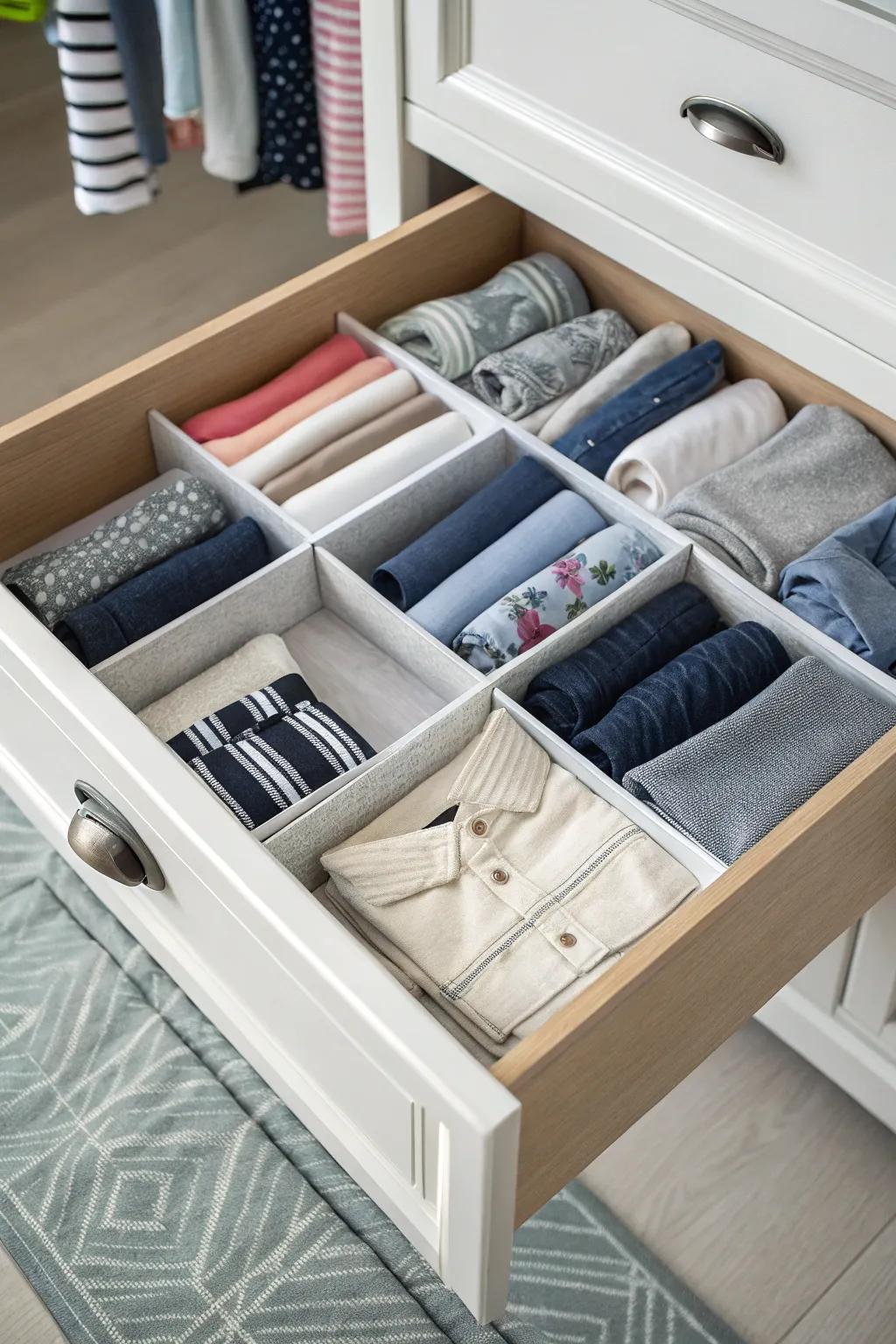 Clothing items neatly arranged and separated using divider strips.