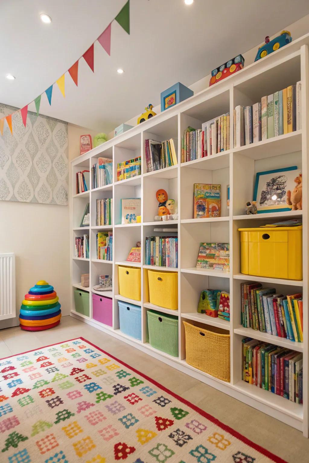 Tall shelves are a great way to use vertical space in a child’s room efficiently.