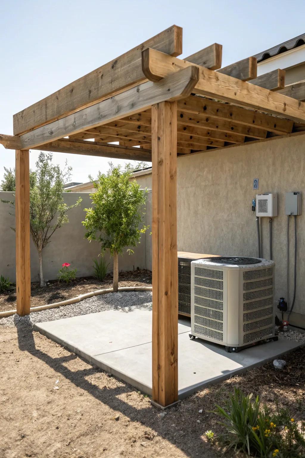 An efficient shading solution for an AC unit, using a straightforward wooden frame.