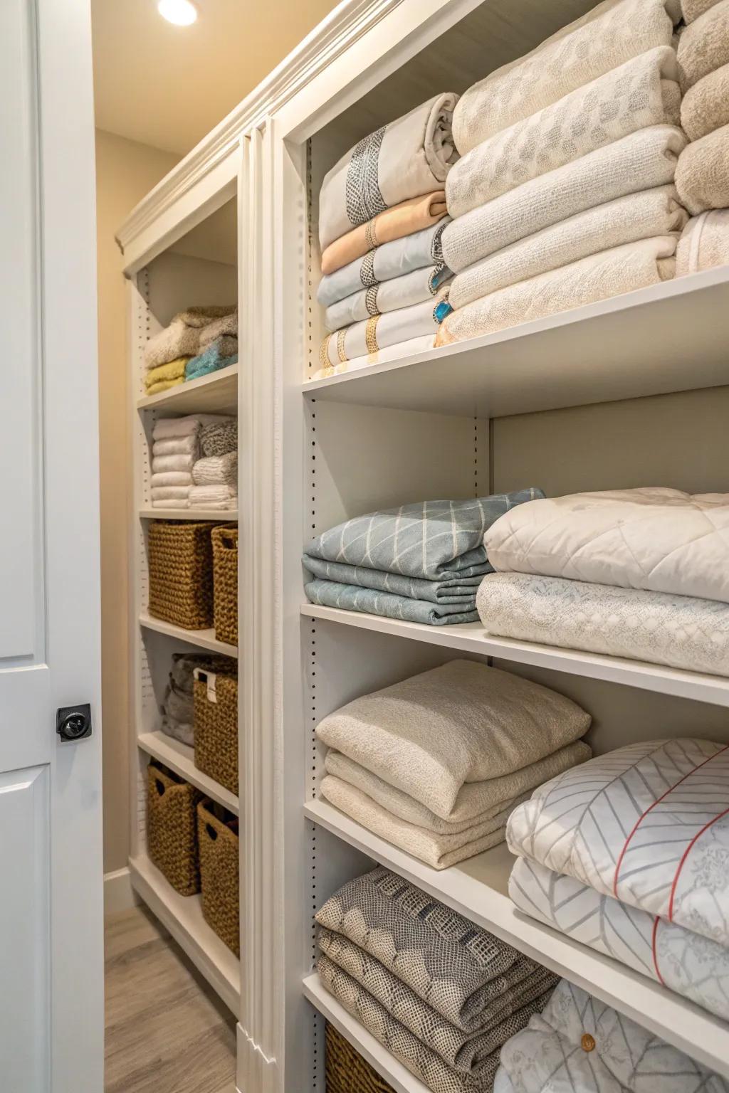A linen closet neatly arranged with folded comforters and linens.
