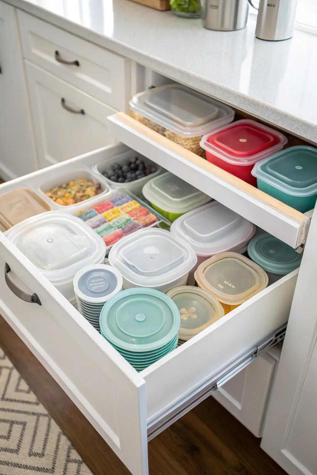 A kitchen drawer showcasing plastic containers and lids, all neatly stacked.