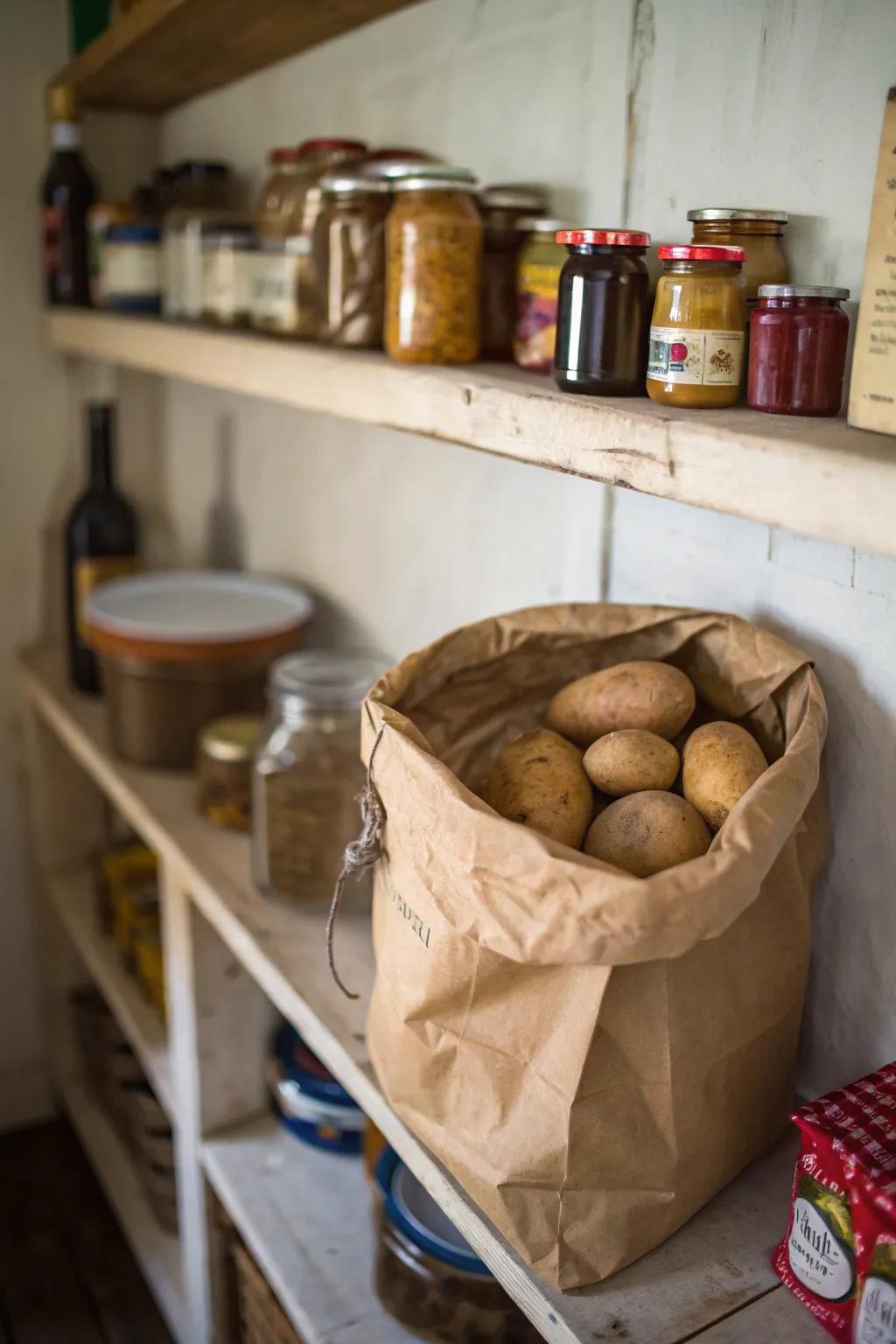 Classic larder setup for root vegetables shown in a simple home setting.