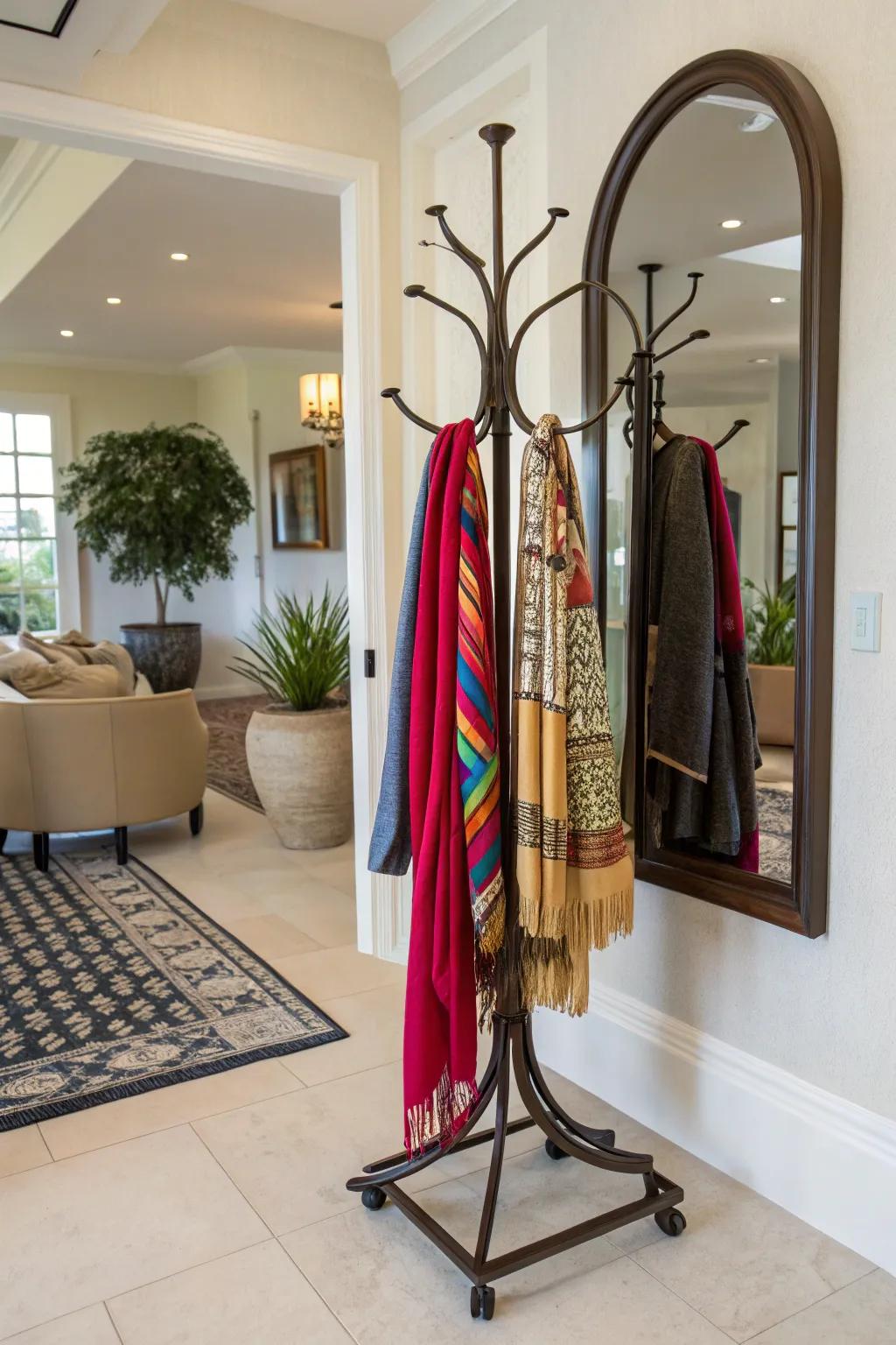 A coat tree serves both as a scarf display and a decorative element.