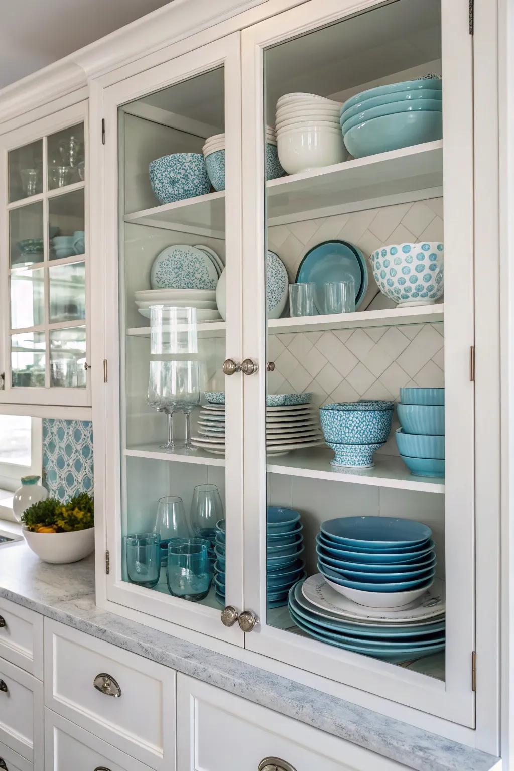 Cabinets with glass doors displaying dishware in serene blues and whites.