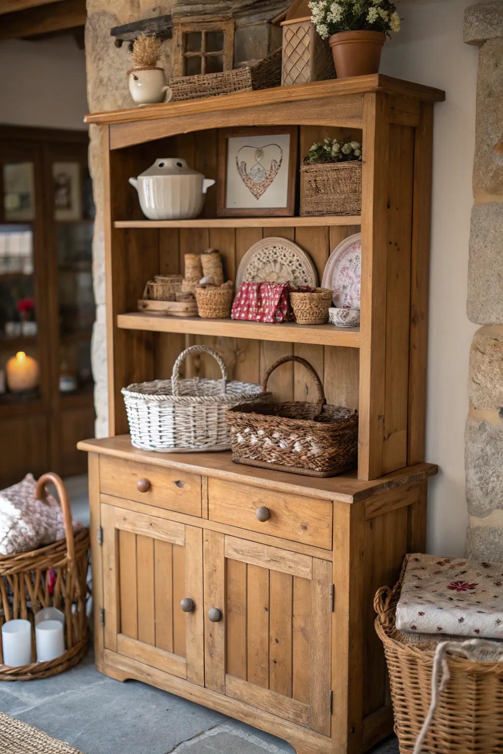 Rustic wood hutch featuring captivating natural details.