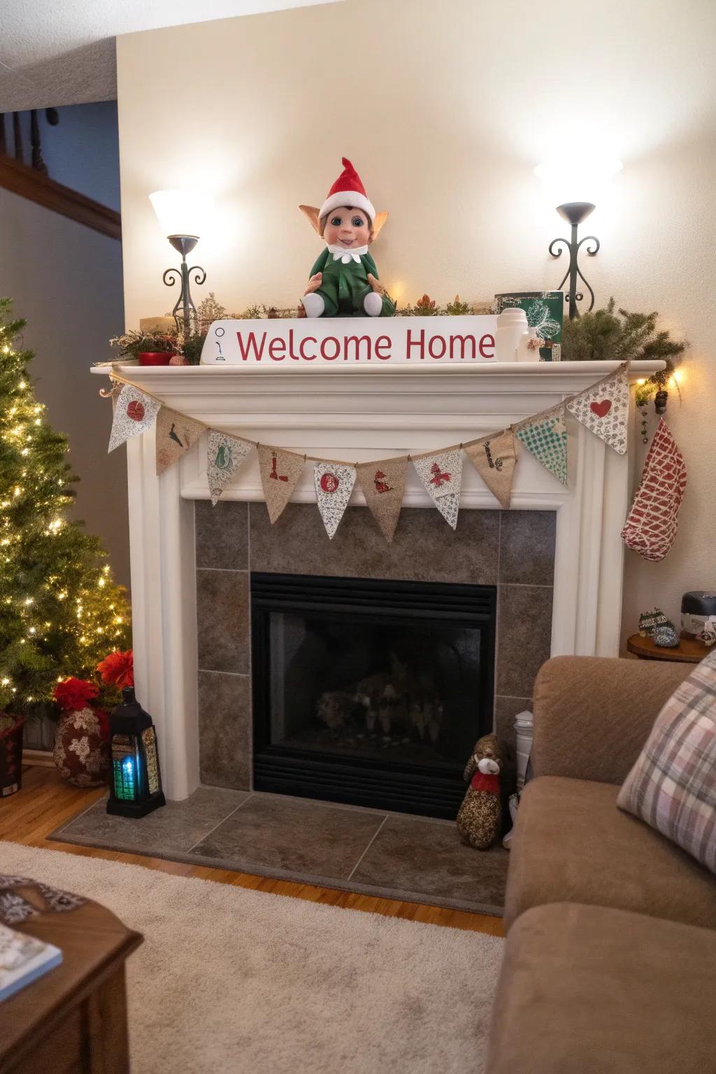 A warm, inviting room with a banner celebrating the elf's return.