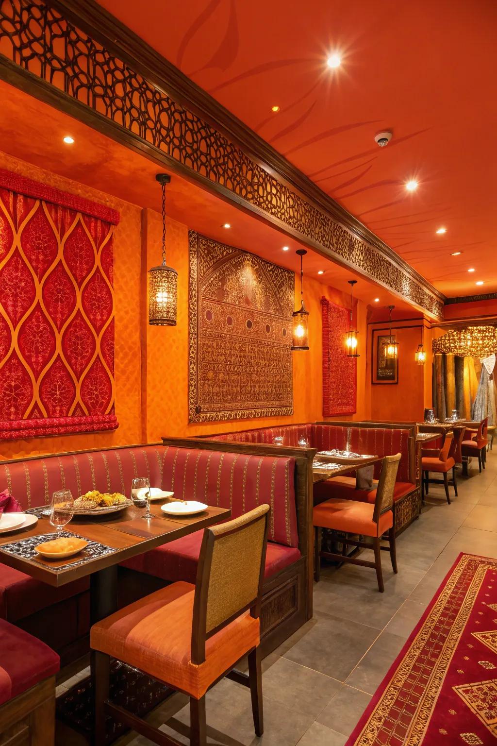 The vibrant orange and red color scheme of an Indian restaurant interior.