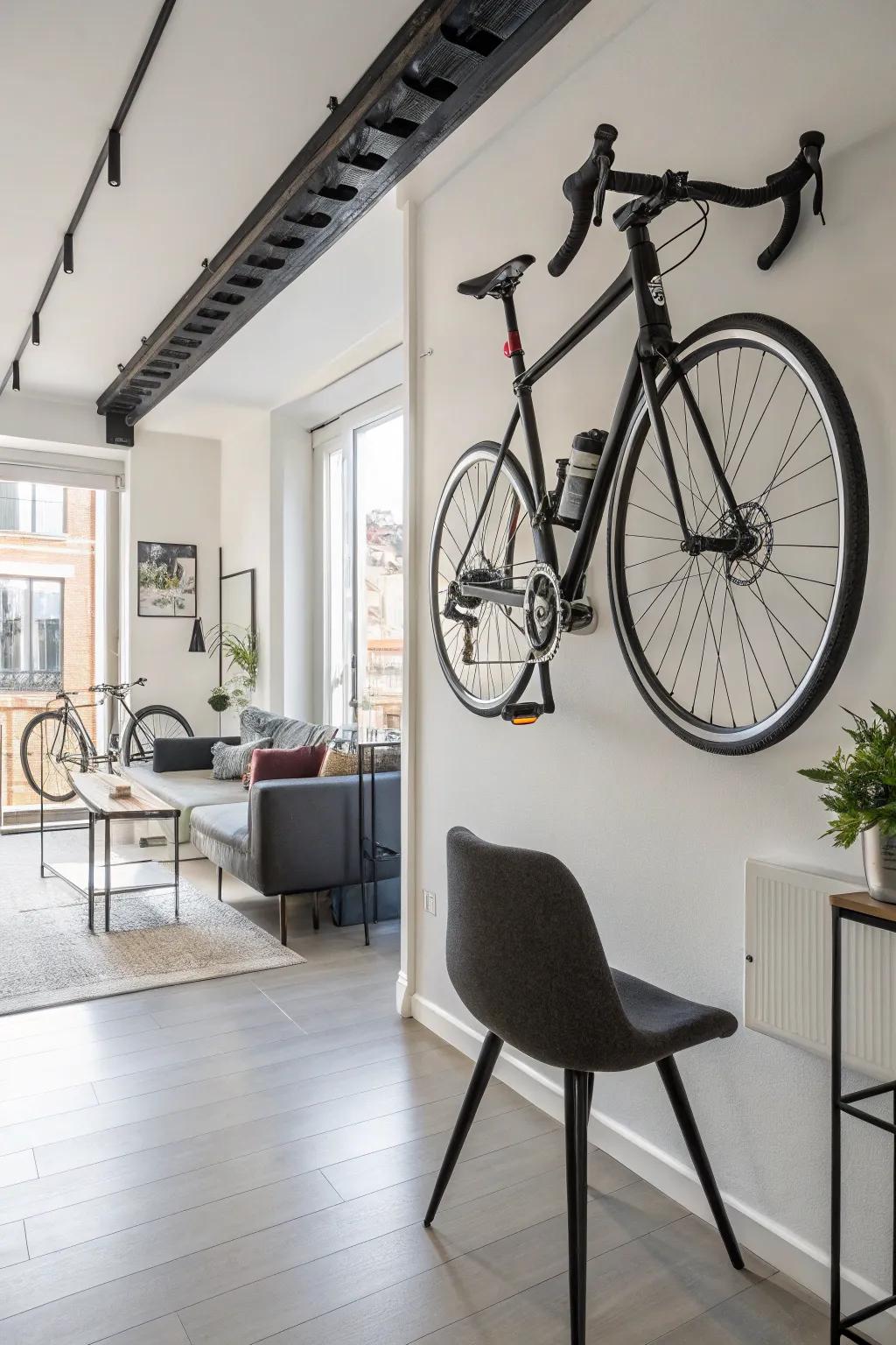 A vertical wall fixture turns a bike into a decorative element.
