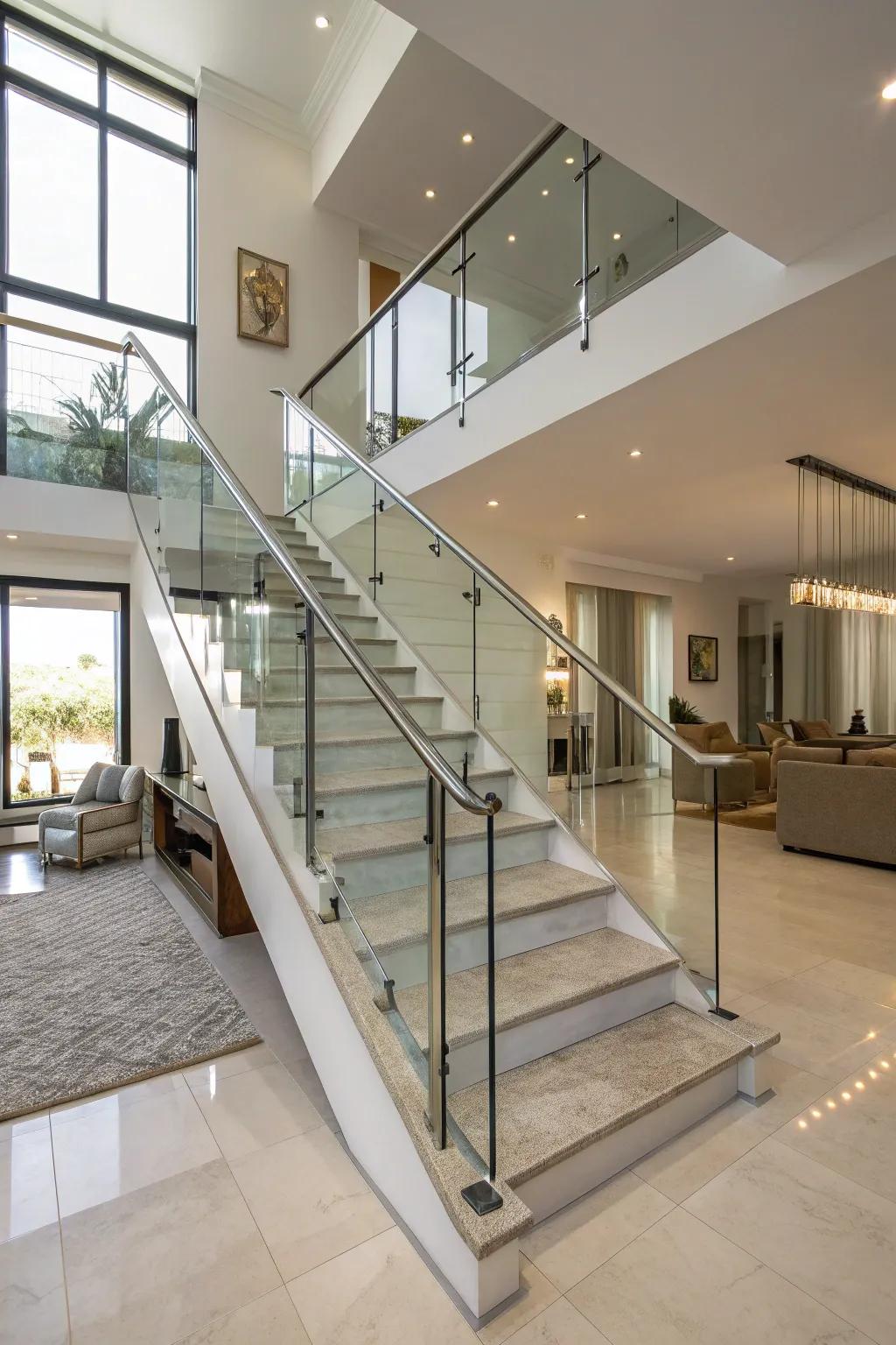 Glass panel stair railings deliver a modern and spacious aesthetic.