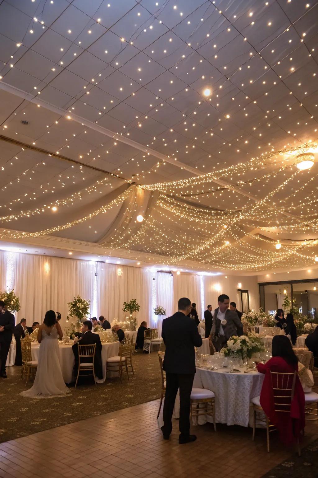 Indoor wedding venue showcasing a star-filled atmosphere created by tiny spark lights.