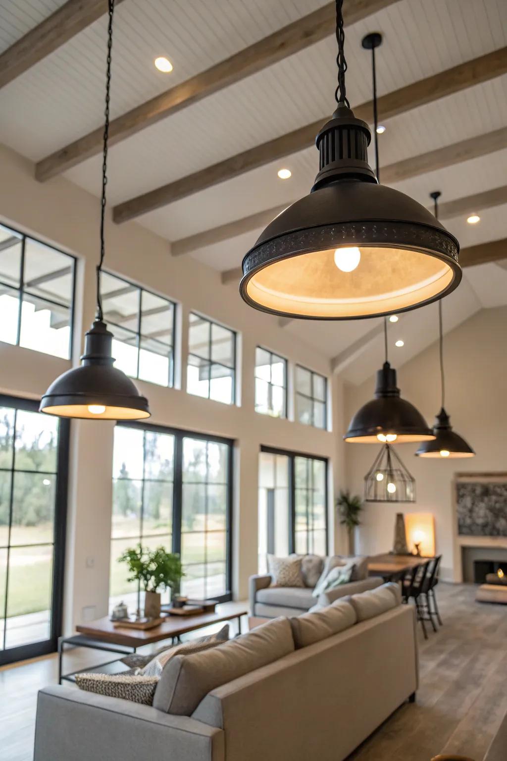 Expansive warehouse-inspired LED lighting creates a cozy ambiance in a living room
