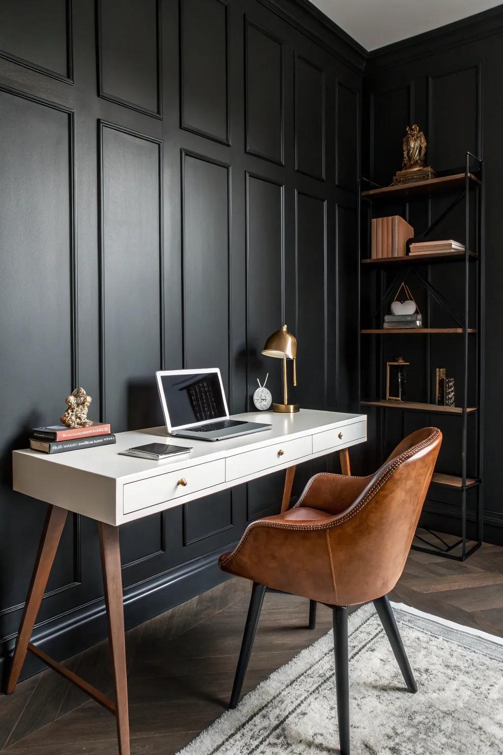 A home office featuring a daring color scheme of dark walls and leather seating.