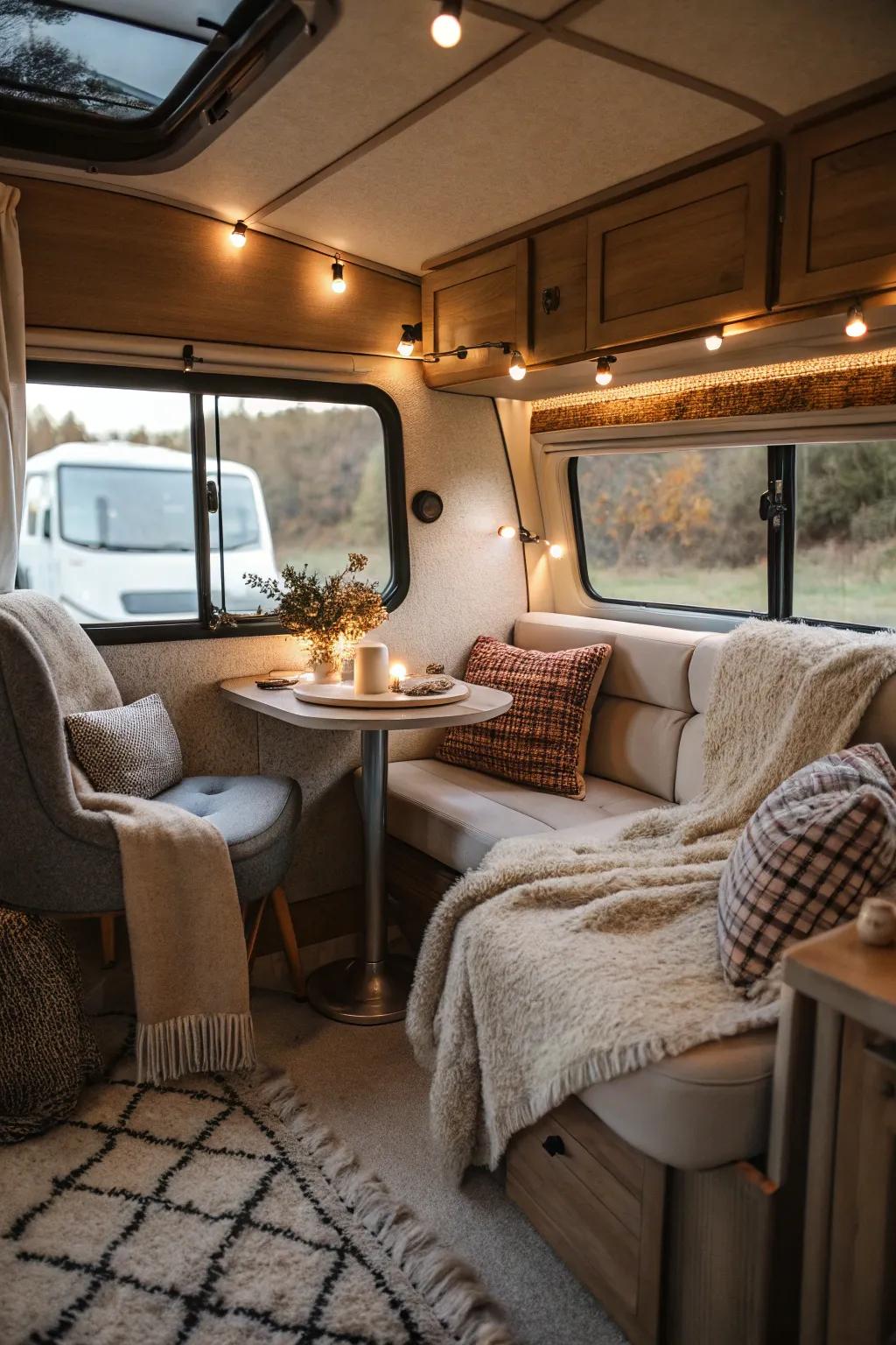 A delightful relaxation spot adorned with soft cushions and cozy throws.