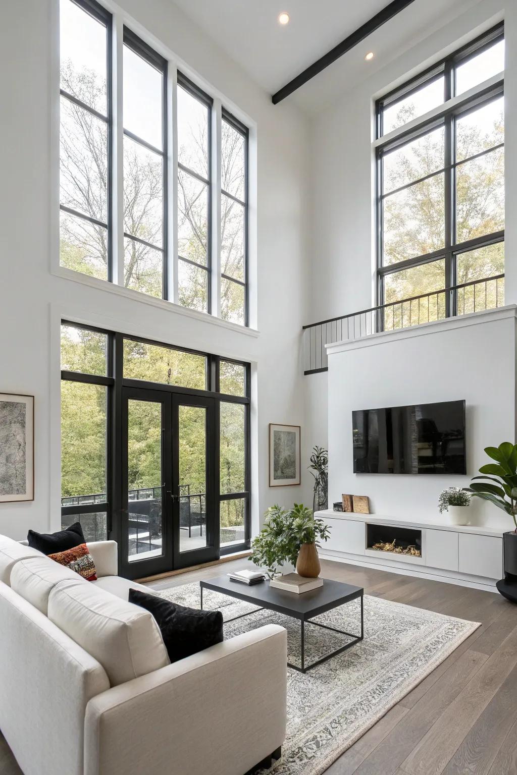 Dark frames introduce a contemporary contrast to bright walls.