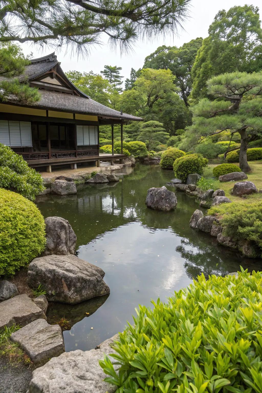 A Japanese garden showcasing a small pond bordered by stones.