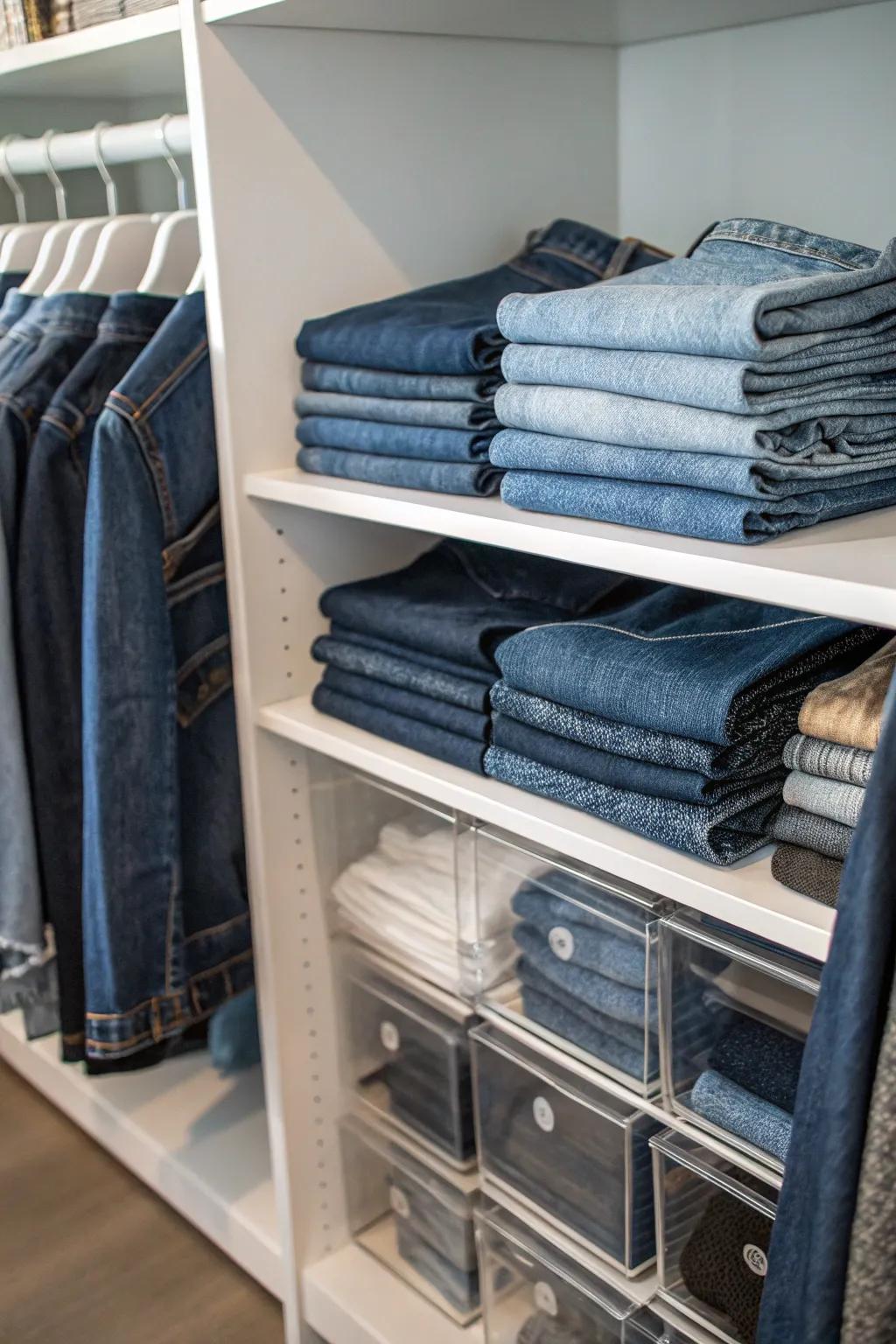 Utilize shelf dividers to neatly separate your jeans collection.