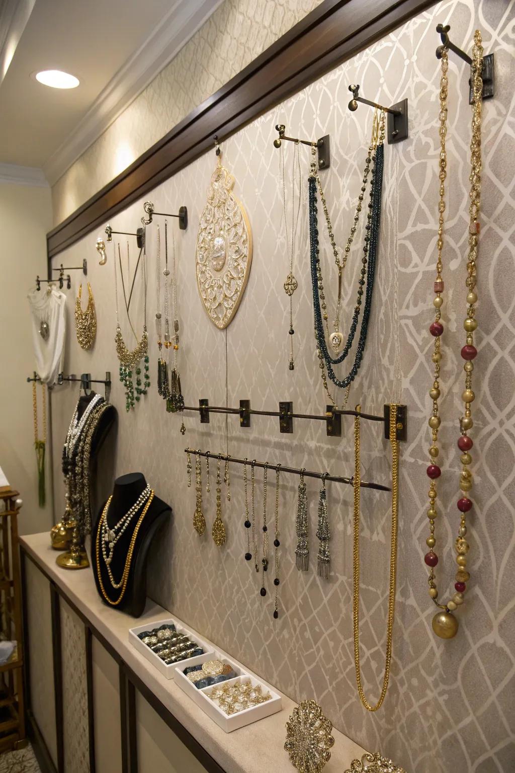 Amplify your boutique's vertical dimensions with refined wall-mounted jewelry exhibits.