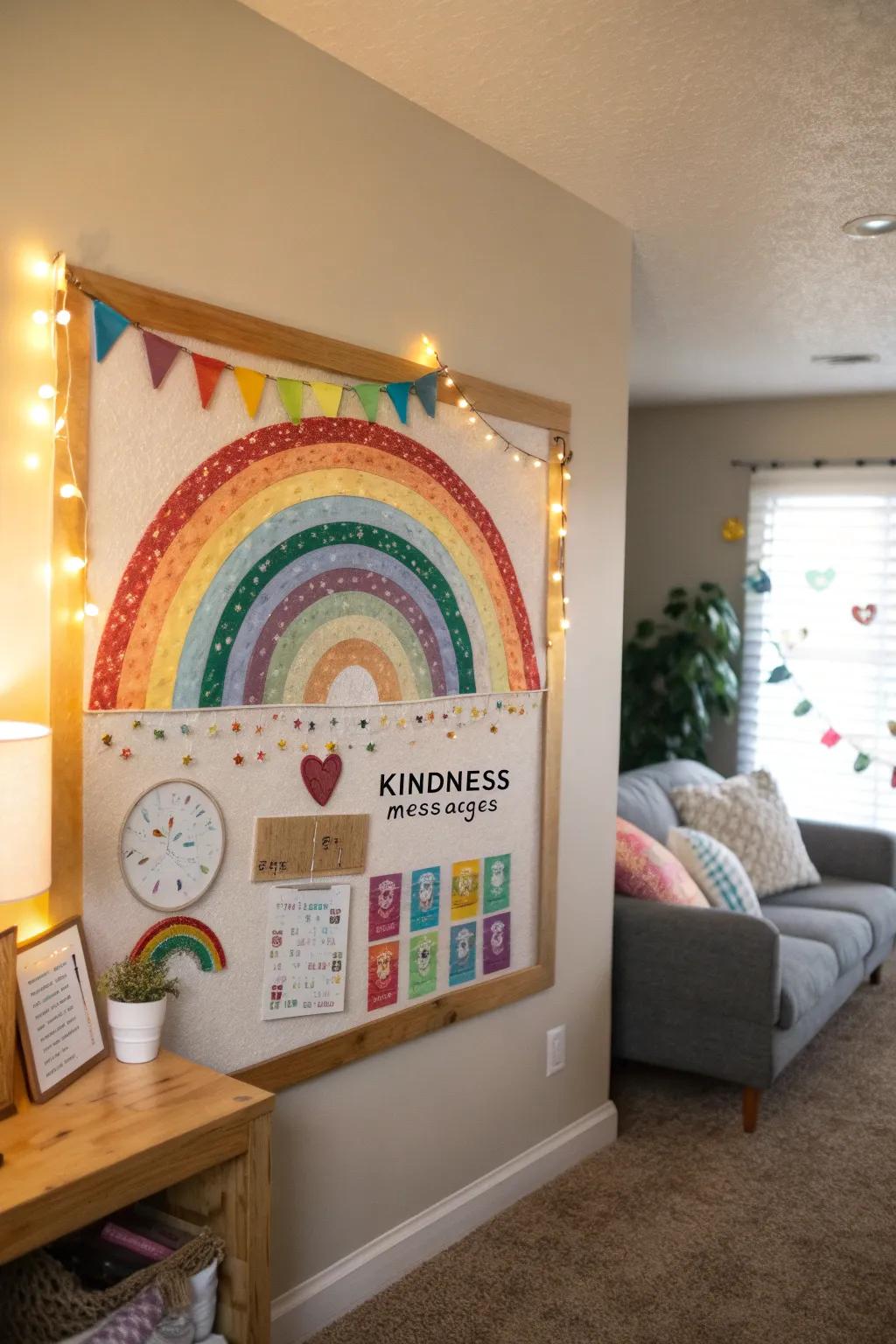 A radiant, rainbow-inspired kindness bulletin board in a welcoming living area, designed to radiate joy and foster positive interactions.