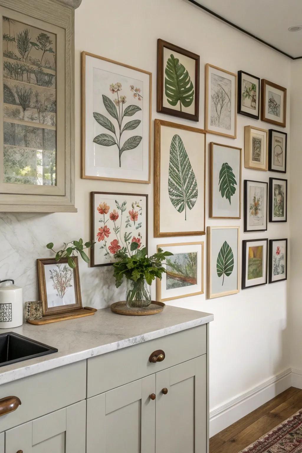 A gallery wall infuses your kitchen with personality and delightful charm.