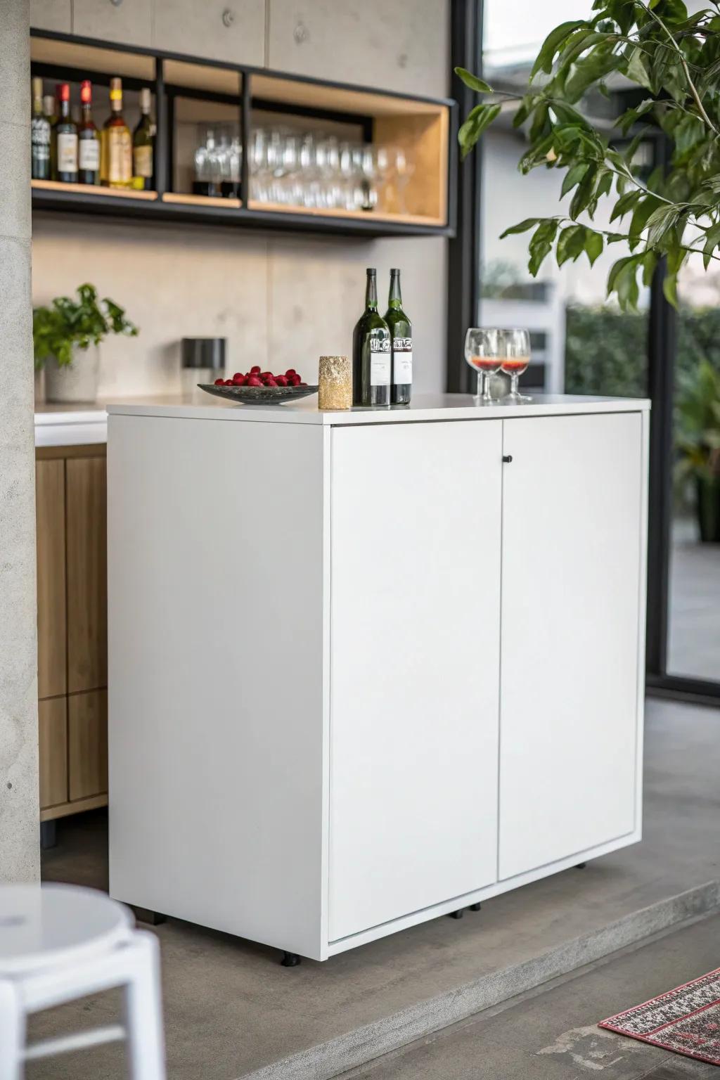 A minimalist bar cabinet seamlessly blends into an open-concept kitchen.