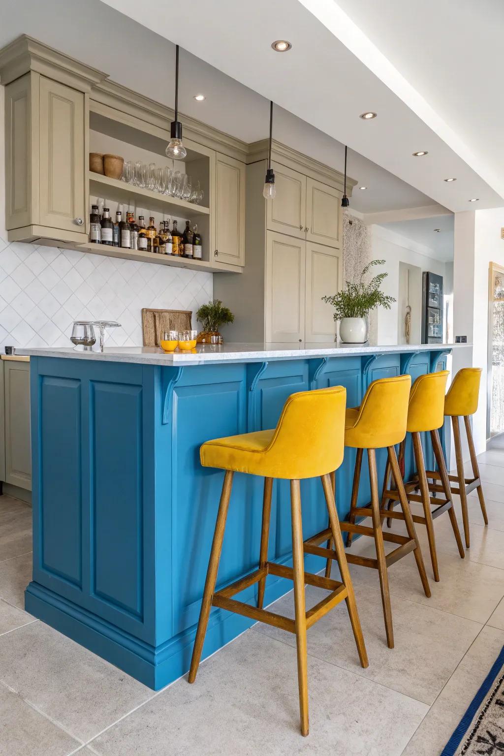 Vibrant hues can transform your kitchen bar into an eye-catching centerpiece.