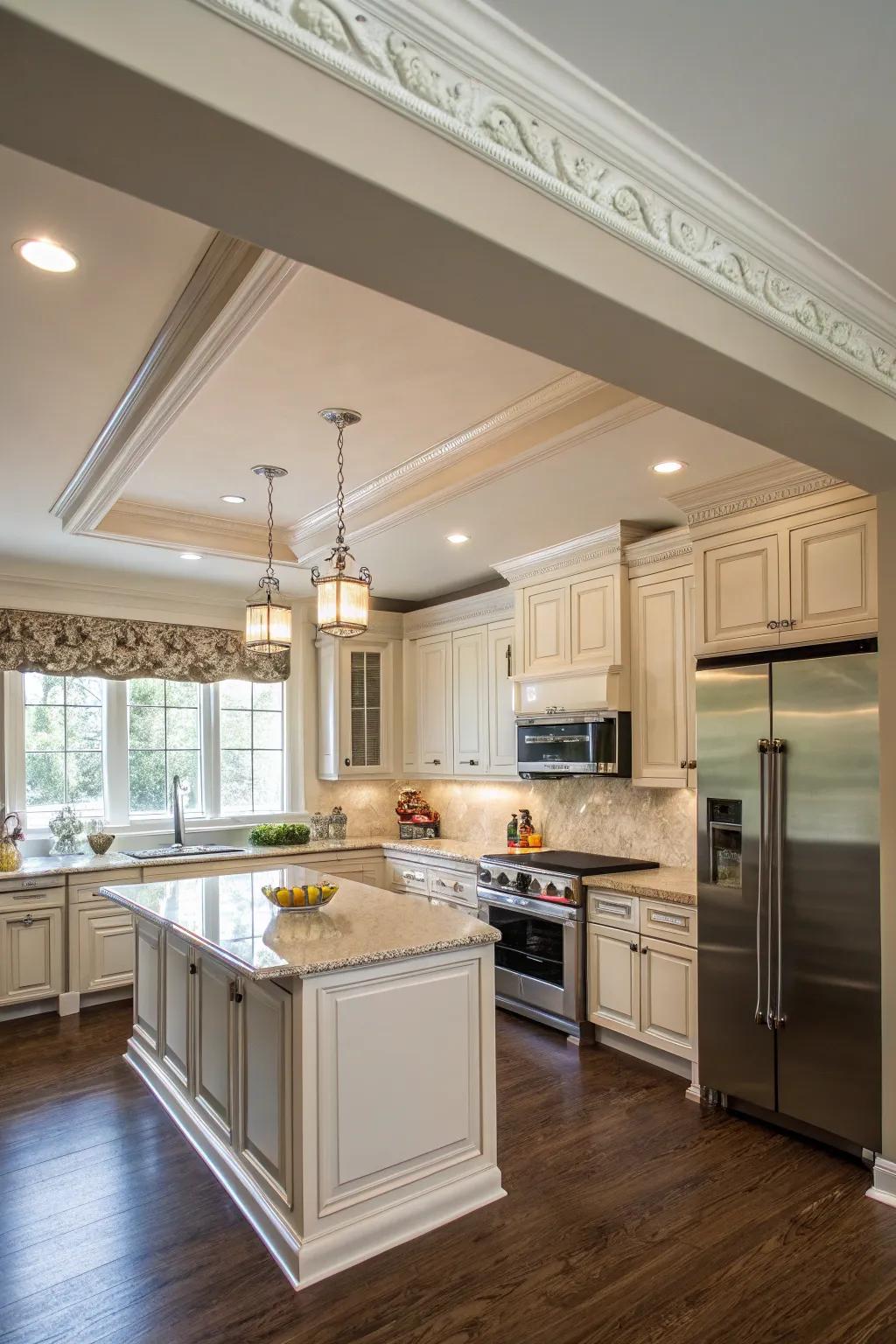 Cabinet molding extending to the ceiling adds sophistication.