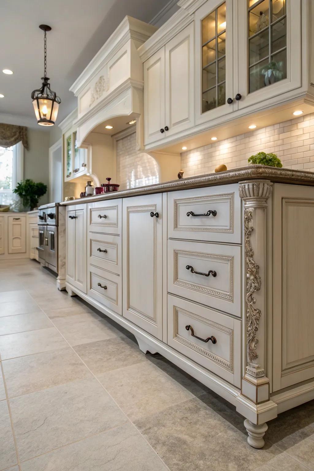 Circular supports impart timeless sophistication to kitchen cabinets.