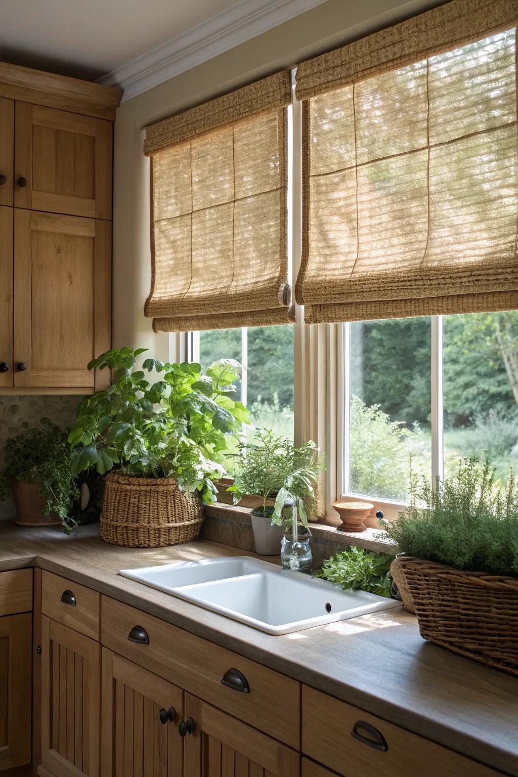 Wicker Roman blinds introduce a natural element to your kitchen's design.